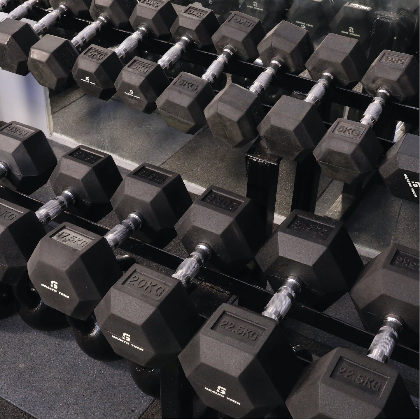 sets of hex dumbbell on dumbbell rack